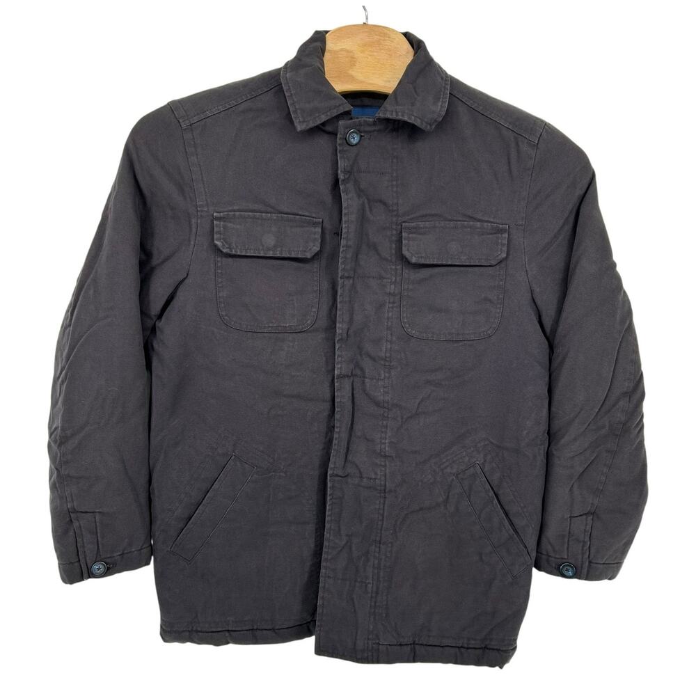 Men's Celio Dark Grey Button Up Quilted Canvas Long Chore Barn Jacket Size Small